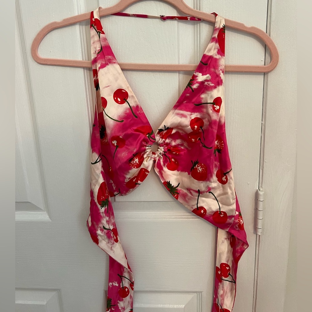 Reformation silk halter top with cherries and strawberries